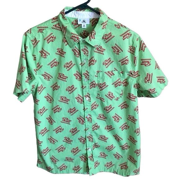 Disney Pizza Planet Toy Story green camp shirt Size Medium button down Mens - Picture 1 of 5
